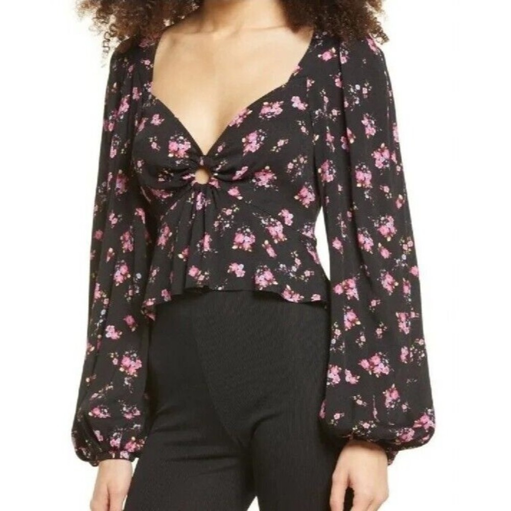 NWT! AFRM Women's XS Hart Print Peplum Long Sleeve Blouse Noir Blush Floral